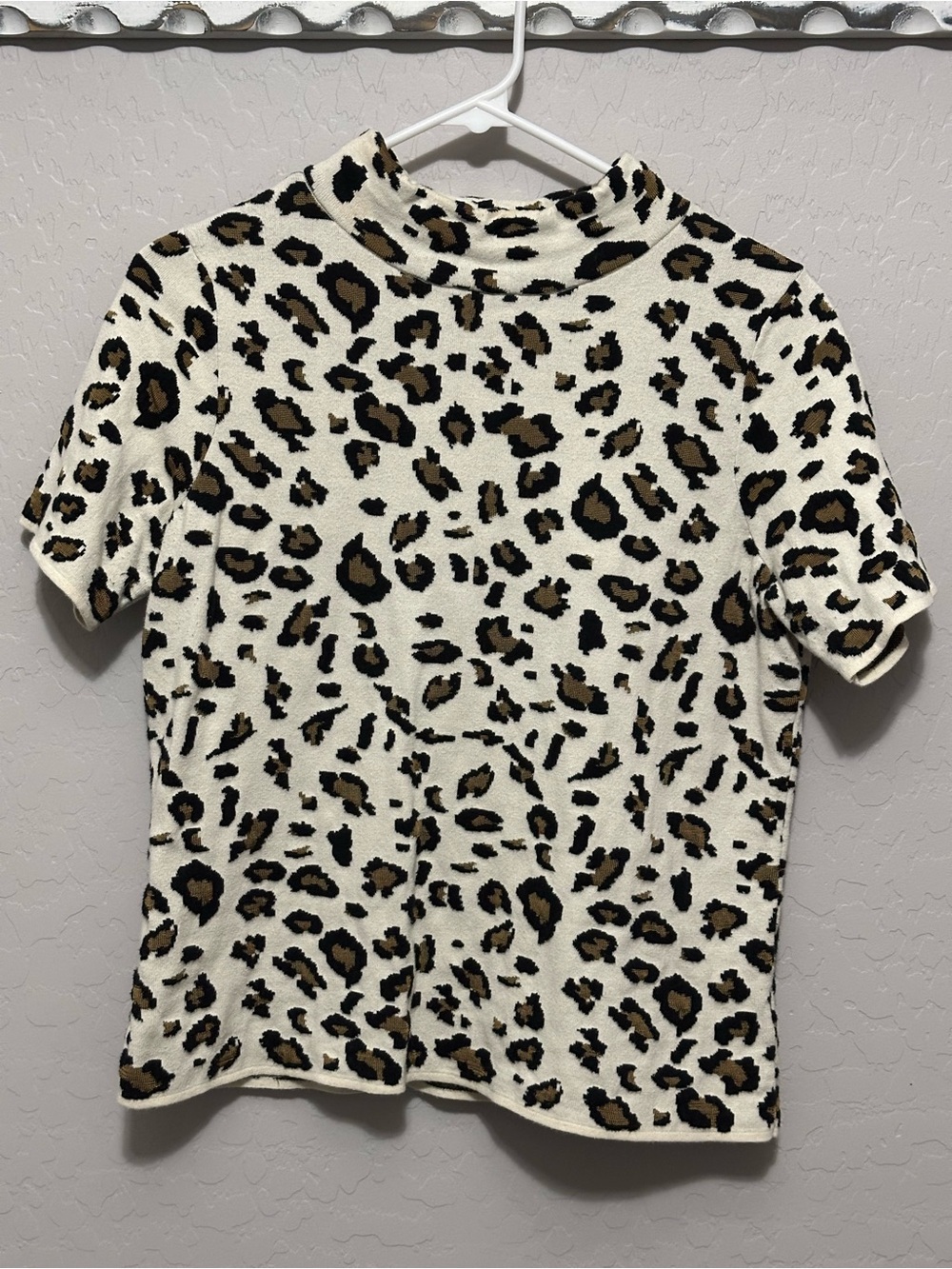 Anthropologie Field FlowerLeopard Print Short Sleeve Mock Neck - Cream and Brown